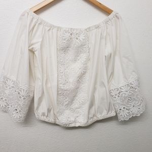 Express Off the Shoulder Eyelet Boho Crop Blouse Size L (fits between L and XL).